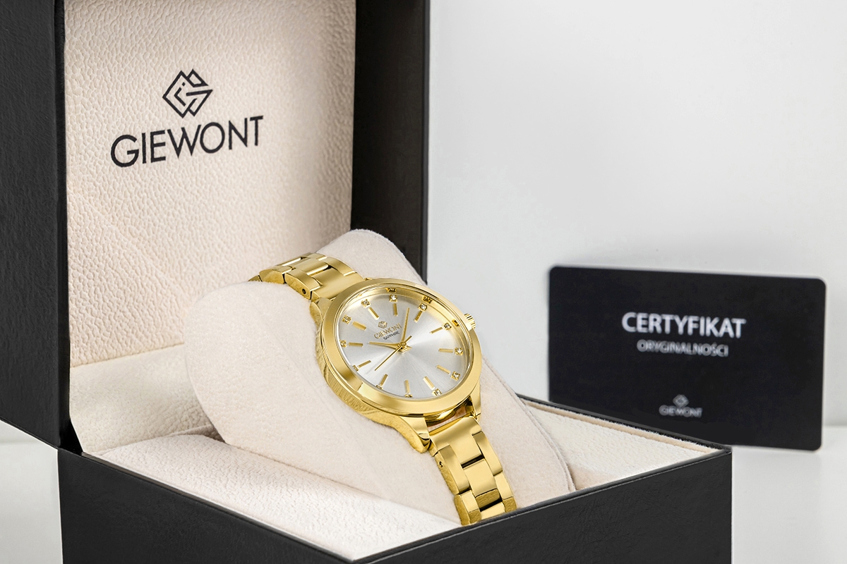 Zegarek damski Giewont Sapphire GW2720-B2 na bransolecie złotej, srebrna tarcza - zdjęcie 9 Zegarek damski Giewont Sapphire GW2720-B2 na bransolecie złotej, srebrna tarcza - zdjęcie 9