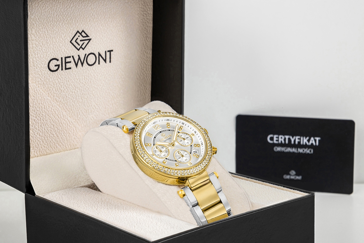 Zegarek damski Giewont Sapphire GW3380-B4 na bransolecie srebrno-złotej, srebrna tarcza - zdjęcie 9 Zegarek damski Giewont Sapphire GW3380-B4 na bransolecie srebrno-złotej, srebrna tarcza - zdjęcie 9