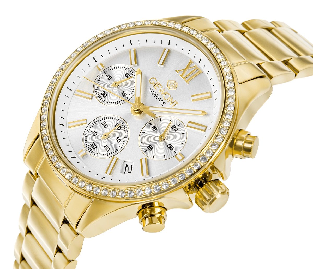 Zegarek damski Giewont Sapphire GW3670-B2 na bransolecie złotej, srebrna tarcza - zdjęcie 2 Zegarek damski Giewont Sapphire GW3670-B2 na bransolecie złotej, srebrna tarcza - zdjęcie 2