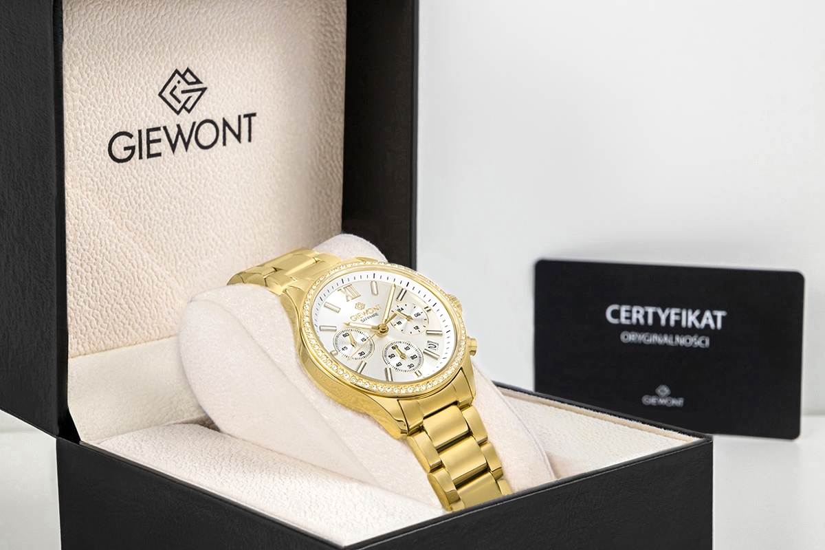 Zegarek damski Giewont Sapphire GW3670-B2 na bransolecie złotej, srebrna tarcza - zdjęcie 9 Zegarek damski Giewont Sapphire GW3670-B2 na bransolecie złotej, srebrna tarcza - zdjęcie 9