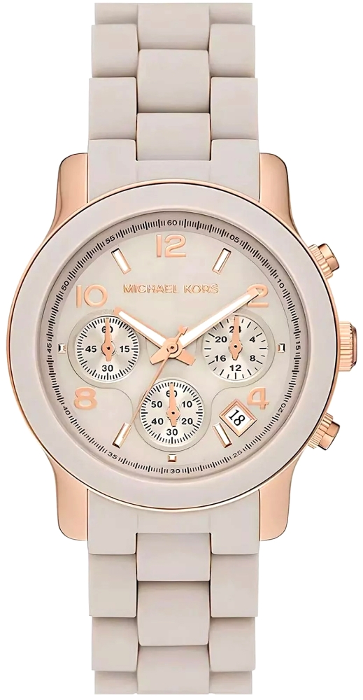 Zegarek damski różowe złoto Michael Kors Runway MK7386 na bransolecie silikonowej, beżowa tarcza, WR100