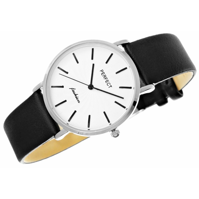 Elegancki zegarek damski marki Perfect na czarnym skórzanym pasku. Tytanowe wskazówki i indeksy na białej, wzorzystej tarczy bez cyfr. Srebrna koperta zegarka w rozmiarze 36 mm.