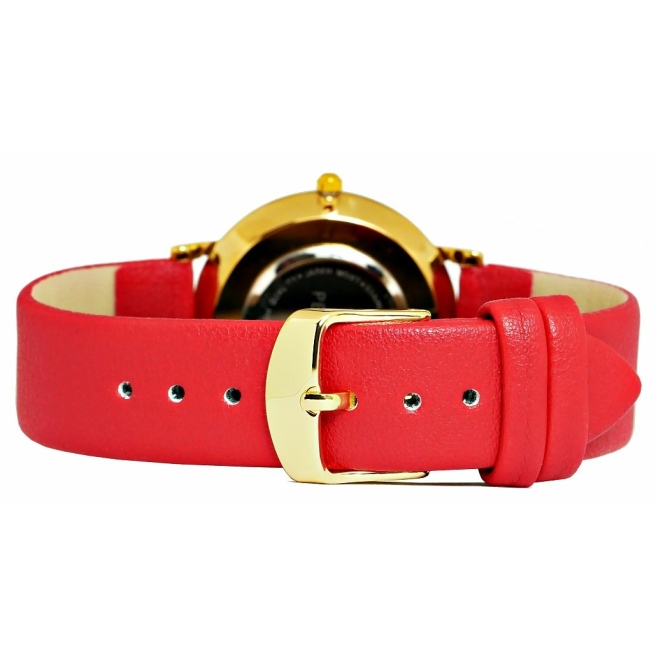 Elegancki zegarek damski marki Perfect na czerwonym skórzanym pasku. Czarne wskazówki i indeksy na białej, wzorzystej tarczy bez cyfr. Złota koperta zegarka w rozmiarze 36 mm.