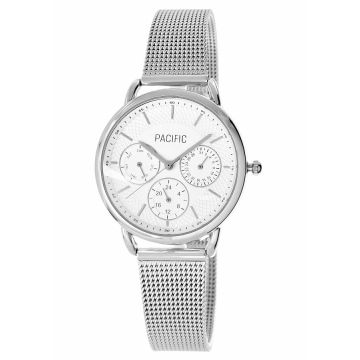 Zegarek damski marki Pacific na srebrnej bransolecie typu mesh. Srebrne wskazówki i indeksy na srebrnej tarczy z chronografami (małe zegary stanowią funkcję ozdobną). Srebrna koperta zegarka o średnicy 36 mm.