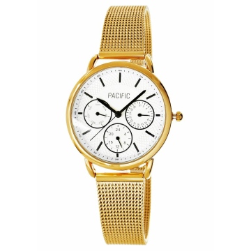 Zegarek damski marki Pacific na złotej bransolecie typu mesh. Czarne wskazówki i indeksy na srebrnej tarczy z chronografami (małe zegary stanowią funkcję ozdobną). Złota koperta zegarka o średnicy 36 mm.