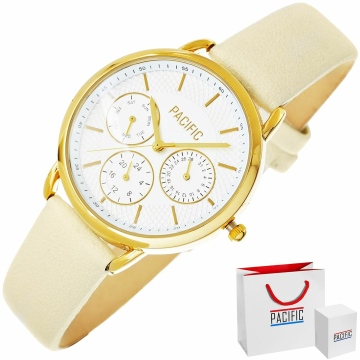 Zegarek damski marki Pacific na skórzanym pasku w kolorze ecru. Złote wskazówki i indeksy na srebrnej tarczy z chronografami (małe zegary stanowią funkcję ozdobną). Złota koperta zegarka o średnicy 36 mm.