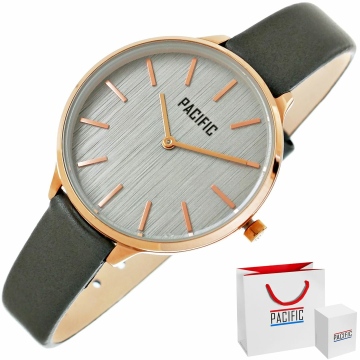 Zegarek damski marki Pacific na szarym, skórzanym pasku. Różowozłote wskazówki i indeksy na szarej tarczy bez cyfr. Różowozłota koperta zegarka o średnicy 38 mm.