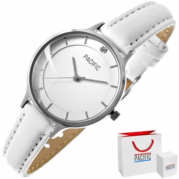 Zegarek damski marki Pacific na białym, skórzanym pasku. Srebrne wskazówki i indeksy na srebrnej tarczy bez cyfr. Srebrna koperta zegarka o średnicy 30 mm.