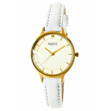 Zegarek damski marki Pacific na białym, skórzanym pasku. Złote wskazówki i indeksy na złotej tarczy bez cyfr. Złota koperta zegarka o średnicy 30 mm.