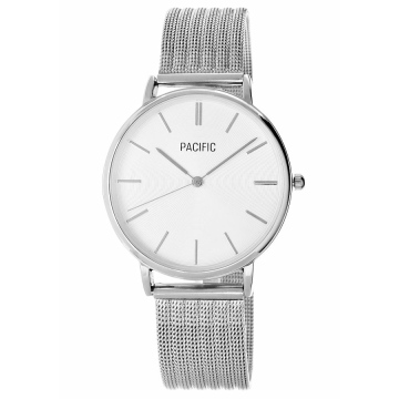 Zegarek damski marki Pacific na srebrnej bransolecie typu mesh. Srebrne wskazówki i indeksy na srebrnej tarczy bez cyfr. Srebrna koperta zegarka o średnicy 38 mm.