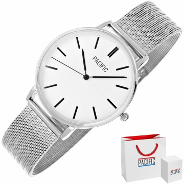Zegarek damski marki Pacific na srebrnej bransolecie typu mesh. Czarne wskazówki i indeksy na srebrnej tarczy bez cyfr. Srebrna koperta zegarka o średnicy 38 mm.
