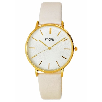 Zegarek damski marki Pacific na skórzanym pasku w kolorze ecru. Złote wskazówki i indeksy na srebrnej tarczy bez cyfr. Złota koperta zegarka o średnicy 38 mm.