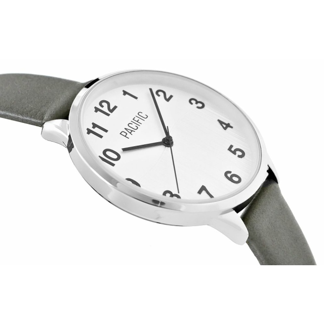 Zegarek damski marki Pacific na szarym, skórzanym pasku. Czarne wskazówki i indeksy na srebrnej, wzorzystej tarczy. Srebrna koperta zegarka o średnicy 34 mm.