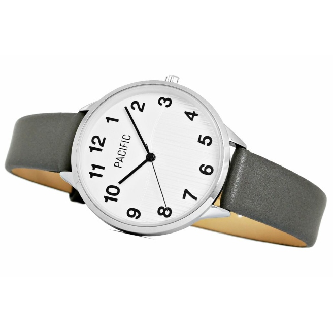 Zegarek damski marki Pacific na szarym, skórzanym pasku. Czarne wskazówki i indeksy na srebrnej, wzorzystej tarczy. Srebrna koperta zegarka o średnicy 34 mm.