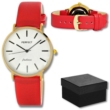 Elegancki zegarek damski marki Perfect na czerwonym skórzanym pasku. Czarne wskazówki i indeksy na białej, wzorzystej tarczy bez cyfr. Złota koperta zegarka w rozmiarze 36 mm.