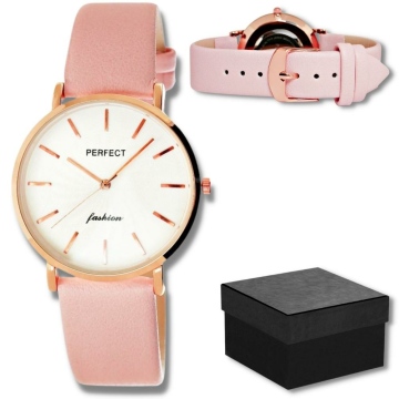 Zegarek damski marki Perfect na różowym skórzanym pasku. Różowo-złote wskazówki i indeksy na białej, wzorzystej tarczy bez cyfr. Różowo-złota koperta zegarka w rozmiarze 36 mm.