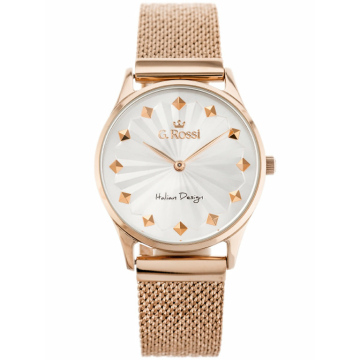 Zegarek damski marki G.Rossi na różowo złotej bransolecie (siatka mesh z antyalergicznej stali szlachetnej). Różowo złote wskazówki i indeksy na srebrnej, wzorzystej tarczy. Różowo złota koperta zegarka o średnicy 34 mm.
