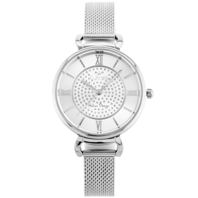 Zegarek damski marki G.Rossi na srebrnej bransolecie (siatka mesh). Srebrna tarcza z cyrkoniami, rzymskie cyfry. Srebrna koperta zegarka o średnicy 34 mm.