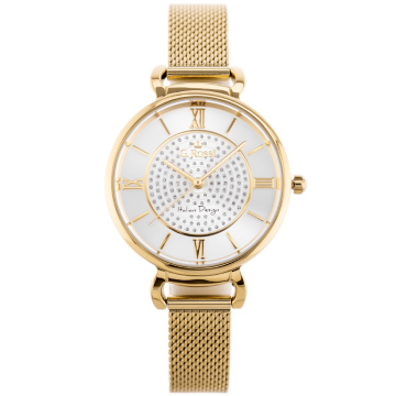 Zegarek damski marki G.Rossi na złotej bransolecie (siatka mesh). Złoto wskazówki na srebrnej tarczy z rzymskimi cyframi i cyrkoniami. Złota koperta zegarka o średnicy 34 mm.