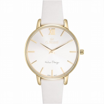 Zegarek damski G.Rossi na białym skórzanym pasku. Charakterystyczna złota rzymska cyfra i złote wskazówki na białej tarczy. Średnica koperty zegarka w rozmiarze 38 mm.