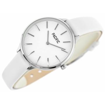 Zegarek damski marki Pacific na białym, skórzanym pasku. Srebrne wskazówki i indeksy na białej, wzorzystej tarczy bez cyfr. Srebrna koperta zegarka o średnicy 38 mm.