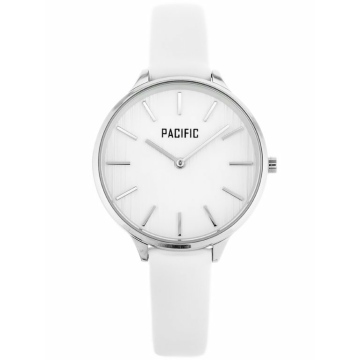 Zegarek damski marki Pacific na białym, skórzanym pasku. Srebrne wskazówki i indeksy na białej, wzorzystej tarczy bez cyfr. Srebrna koperta zegarka o średnicy 38 mm.