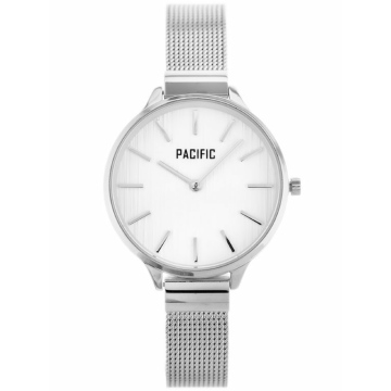 Zegarek damski marki Pacific na srebrnej bransolecie typu mesh. Srebrne wskazówki i indeksy na białej tarczy bez cyfr. Srebrna koperta zegarka o średnicy 38 mm.