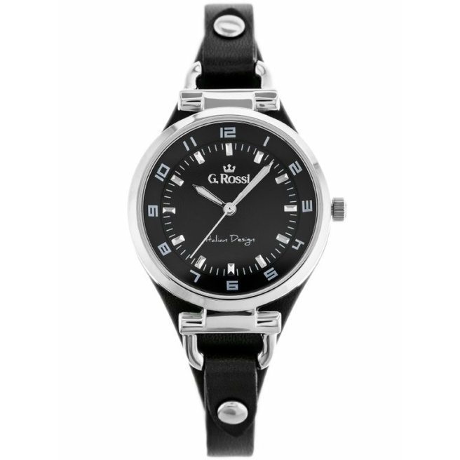 Zegarek damski marki G.Rossi na czarnym, skórzanym pasku z podkładką. Srebrne, fluorescencyjne wskazówki na czarnej tarczy. Srebrna koperta zegarka o średnicy 32 mm.
