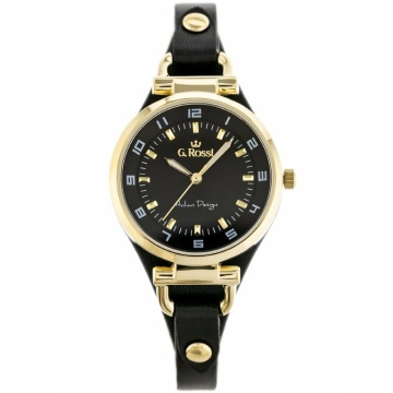 Zegarek damski marki G.Rossi na czarnym skórzanym pasku z podkładką. Złote, fluorescencyjne wskazówki na czarnej tarczy. Koperta zegarka o średnicy 32 mm.