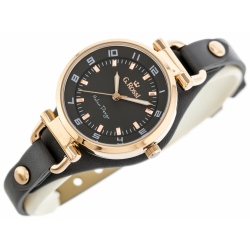 Zegarek damski marki G.Rossi na szarym skórzanym pasku z podkładką. Różowozłote, fluorescencyjne wskazówki na szarej tarczy. Koperta zegarka o średnicy 32 mm.