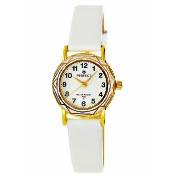 Zegarek prezentowy dla dziecka marki Perfect na Komunię Świętą. Zegarek na białym skórzanym pasku. Złote wskazówki, czarne indeksy na białej tarczy z cyframi arabskimi. Złota koperta (z motywem) w rozmiarze 23 mm.