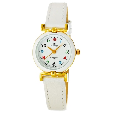 Zegarek prezentowy dla dziecka marki Perfect na Komunię Świętą. Zegarek na białym skórzanym pasku. Złote wskazówki na białej tarczy z kolorowymi cyframi arabskimi. Biało-złota koperta zegarka w rozmiarze 25 mm.