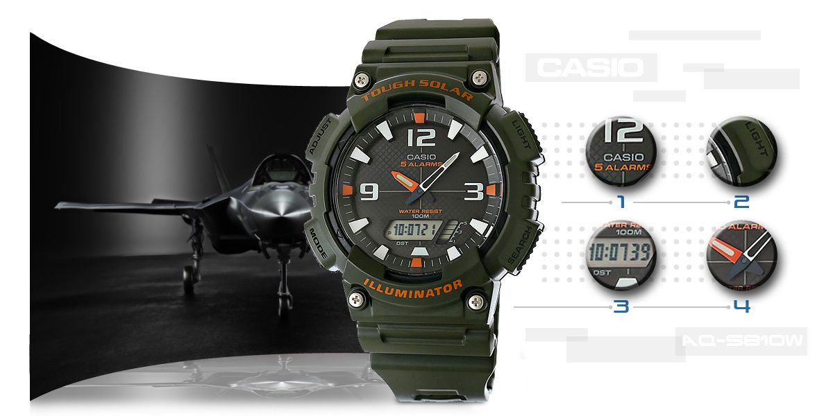 Zegarek męski Casio AQ-S810W-3AVDF na zielonym pasku, czarna tarcza - zdjęcie 4 Zegarek męski Casio AQ-S810W-3AVDF na zielonym pasku, czarna tarcza - zdjęcie 4