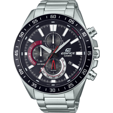 Wodoszczelny zegarek męski marki Casio na srebrnej bransolecie. Srebrne wskazówki i indeksy pokryte warstwą Neobrite, świecącą w ciemności. Czarna tarcza z chronografami i datownikiem. Koperta zegarka w rozmiarze 49 mm.