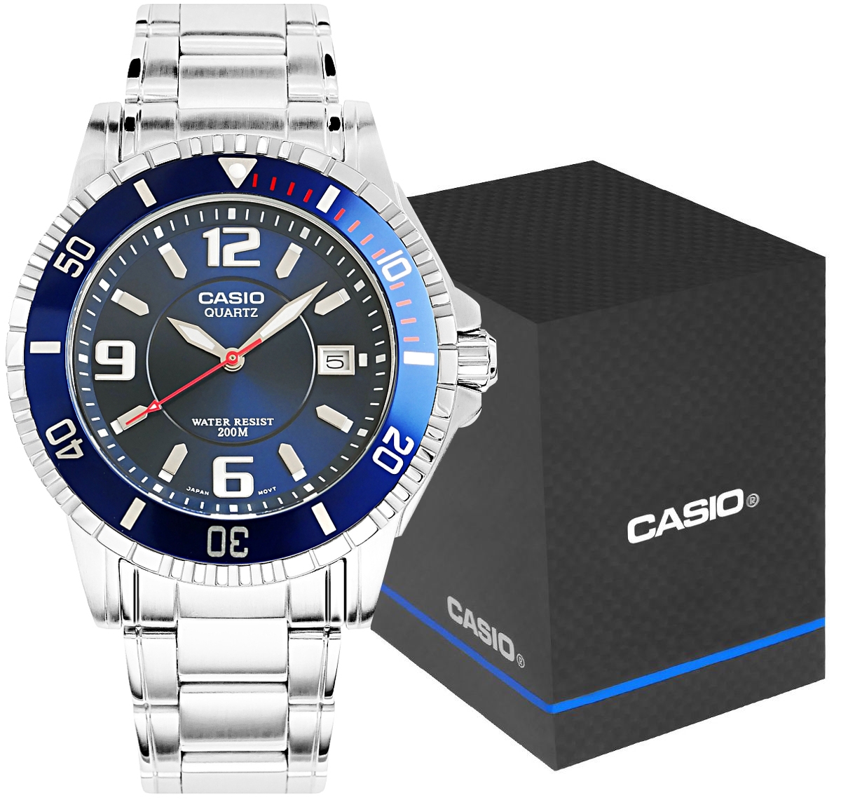 Zegarek męski Casio MTD-1053D-2AVES na srebrnej bransolecie, niebieska tarcza Zegarek męski Casio MTD-1053D-2AVES na srebrnej bransolecie, niebieska tarcza
