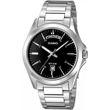 Zegarek męski Casio MTP-1370D-1A1VDF na srebrnej bransolecie, czarna tarcza