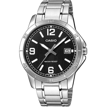 Zegarek męski Casio MTP-V004D-1B2UDF na srebrnej bransolecie, czarna tarcza