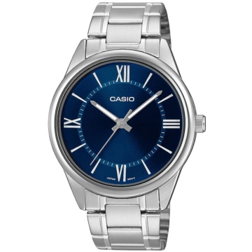 Zegarek męski Casio MTP-V005D-2B5UDF na srebrnej bransolecie, granatowa tarcza