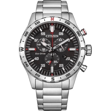 Zegarek męski Citizen Eco-Drive AT2520-89E na bransolecie srebrnej, czarna tarcza, chronograf, solarny, WR100