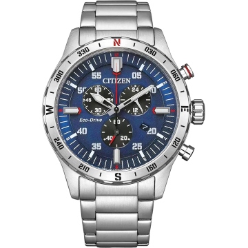 Zegarek męski Citizen Eco-Drive AT2520-89L na bransolecie srebrnej, niebieska tarcza, chronograf, solarny, WR100
