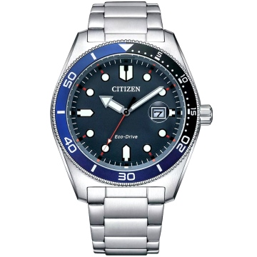Zegarek męski Citizen Marine Sporty AW1761-89L na bransolecie srebrnej, niebieska tarcza, solarny, WR100