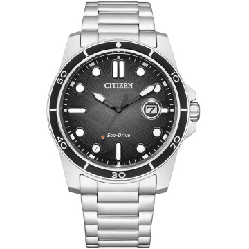 Zegarek męski Citizen Marine Sporty AW1816-89E na bransolecie srebrnej, czarna tarcza, solarny, WR100