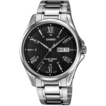 Zegarek męski Casio MTP-1384D-1AVDF na srebrnej bransolecie, czarna tarcza