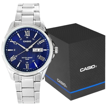 Zegarek męski Casio MTP-1384D-2AVEF na srebrnej bransolecie, niebieska tarcza