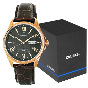 Zegarek męski Casio MTP-1384L-1AVEF na brązowym pasku, czarna tarcza