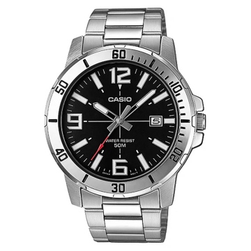 Zegarek męski Casio MTP-VD01D-1BVUDF na srebrnej bransolecie, czarna tarcza