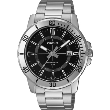 Zegarek męski Casio MTP-VD01D-1CVUDF na srebrnej bransolecie, czarna tarcza