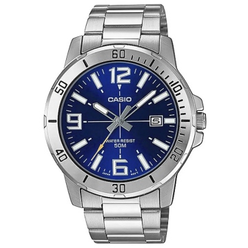 Zegarek męski Casio MTP-VD01D-2BVUDF na srebrnej bransolecie, granatowa tarcza