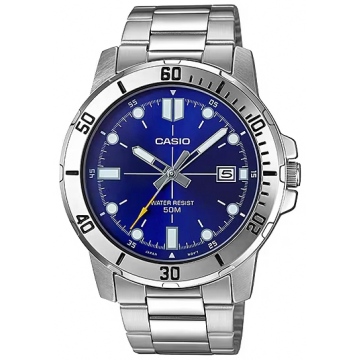 Zegarek męski Casio MTP-VD01D-2EVUDF na srebrnej bransolecie, granatowa tarcza