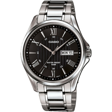 Zegarek męski Casio MTP-1384D-1AVEF na srebrnej bransolecie, czarna tarcza
